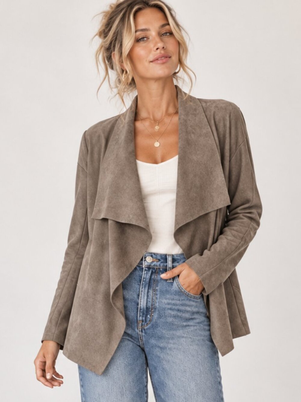 WORTHINGTON Faux Suede Drape Front Waterfall Open Jacket Taupe Grey Sz M EUC
